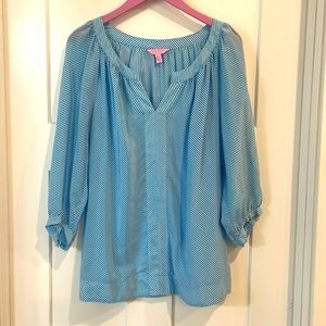 Lilly, Pulitzer, silk, blouse, blue and white stripe, size large